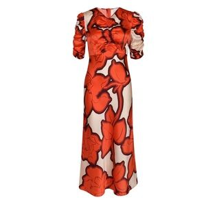 HUSK Frida Floral Red and Cream Silk Midi Dress NEW - XS/US 2/AU 6